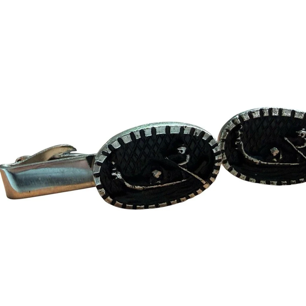Vintage Gondola Cufflinks Tie Clip Set Black Silver Tone Venetian